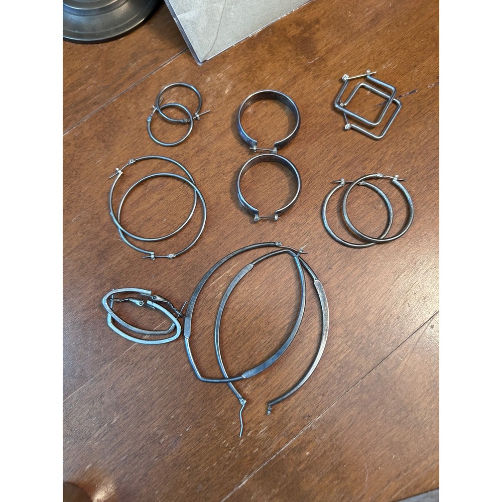 Lot of 7 Pairs Silver Tone Hoop Earrings Geometric Round Square Oval Assorted